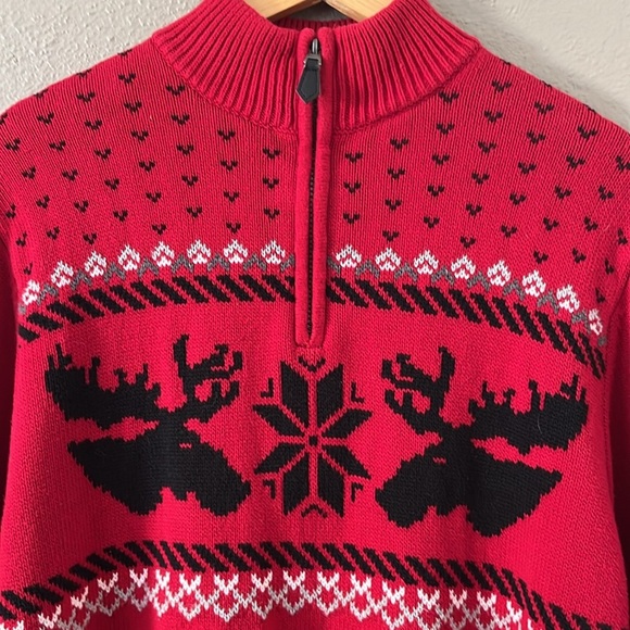 Vintage 90s Chaps Moose Nordic Sweater Men’s L Red 1/4 Zip Cotton Christmas - Picture 4 of 12